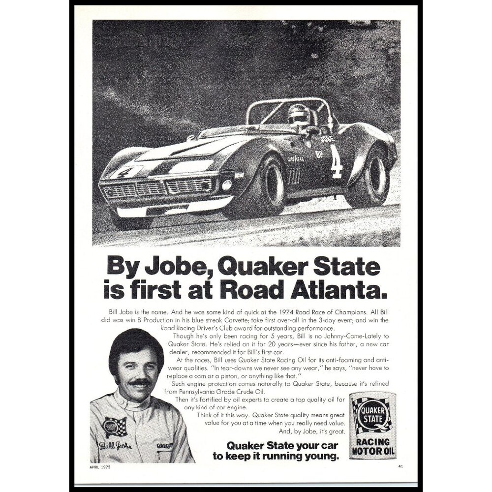 1975 Quaker State Motor Oil Vintage Print Ad Corvette Road Atlanta Wall Art